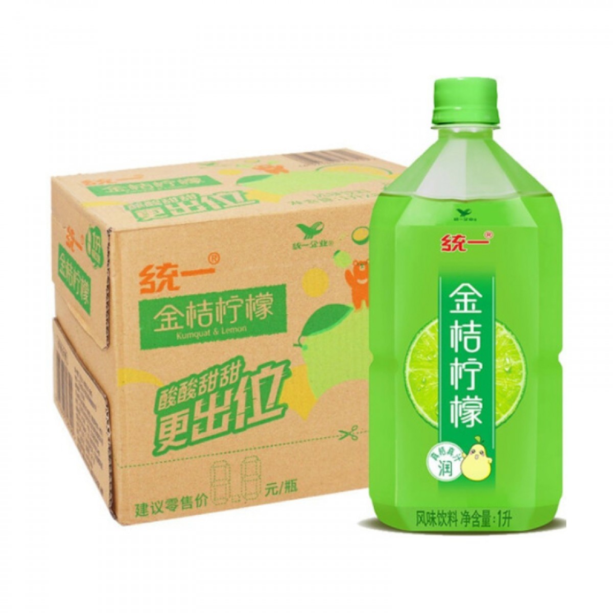 统一 金桔 柠檬茶 柠檬风味饮料 1LX8瓶 大瓶装 整箱